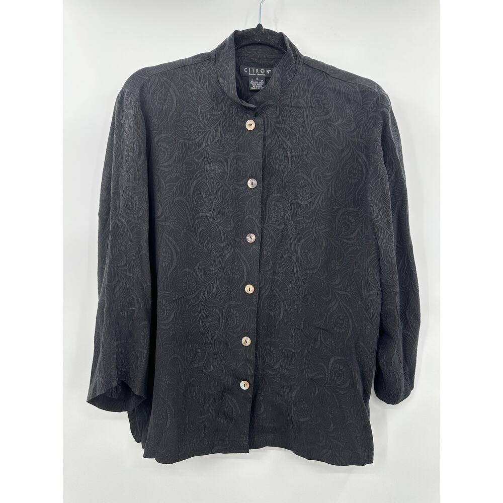 Citron 100% Silk Black Button Down Textured Floral Leaf Print Short Sleeve Small